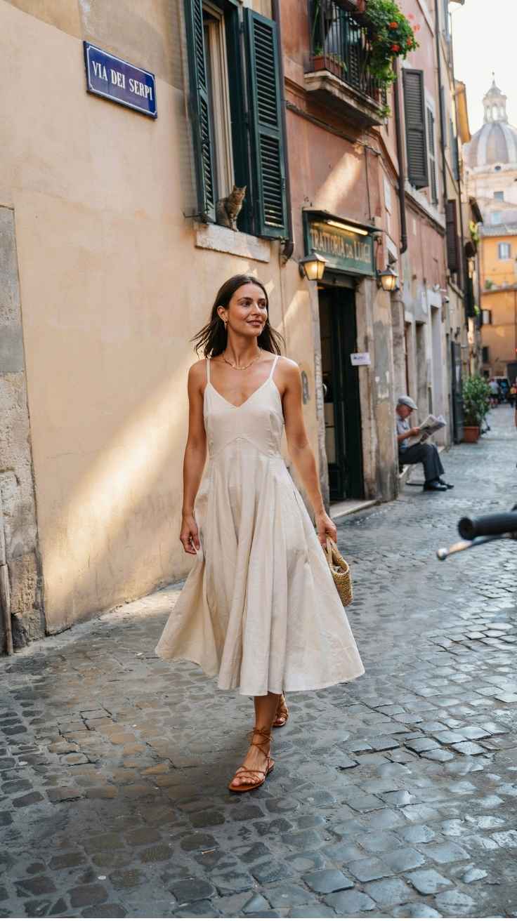 Woman in white sleeveless maxi dress with raffia bag and gold sandals at Navona fountain Rome