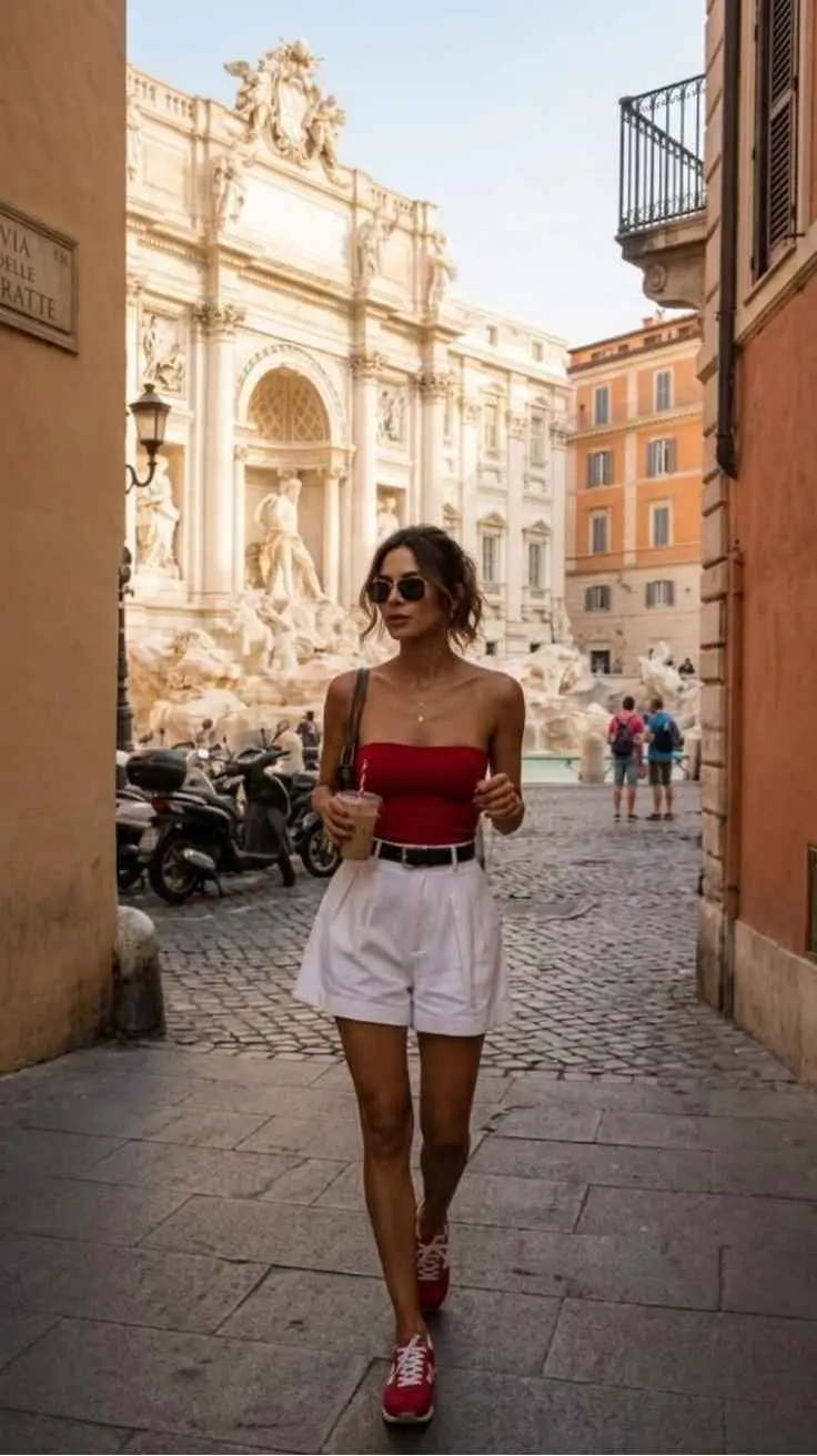 Woman in red strapless top white shorts and red sneakers at Trevi Fountain Rome cruise port day