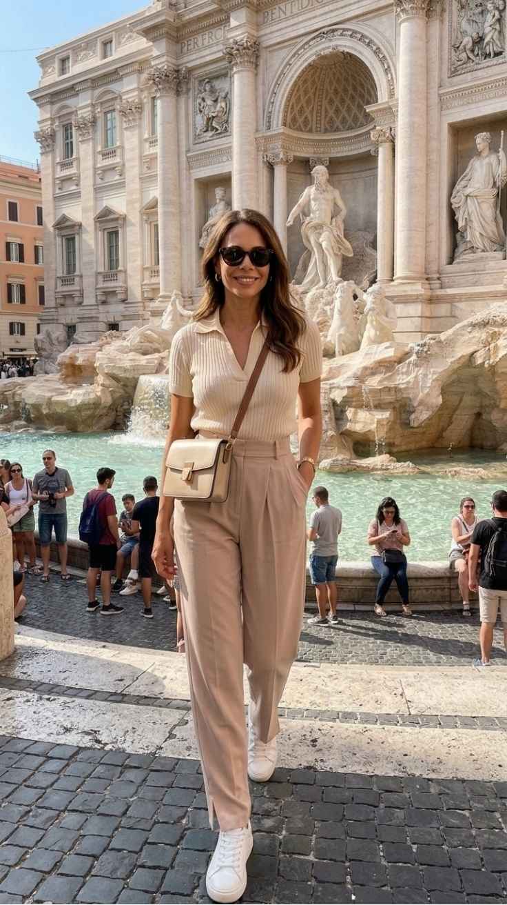 Woman in beige ribbed polo and beige wide leg trousers with white sneakers at Trevi Fountain Rome