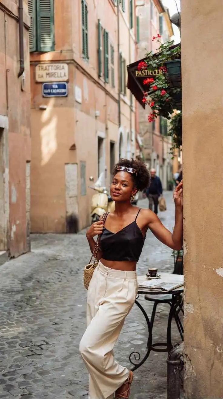 Black woman in black satin crop top and cream wide leg trousers outside Trastevere trattoria Rome