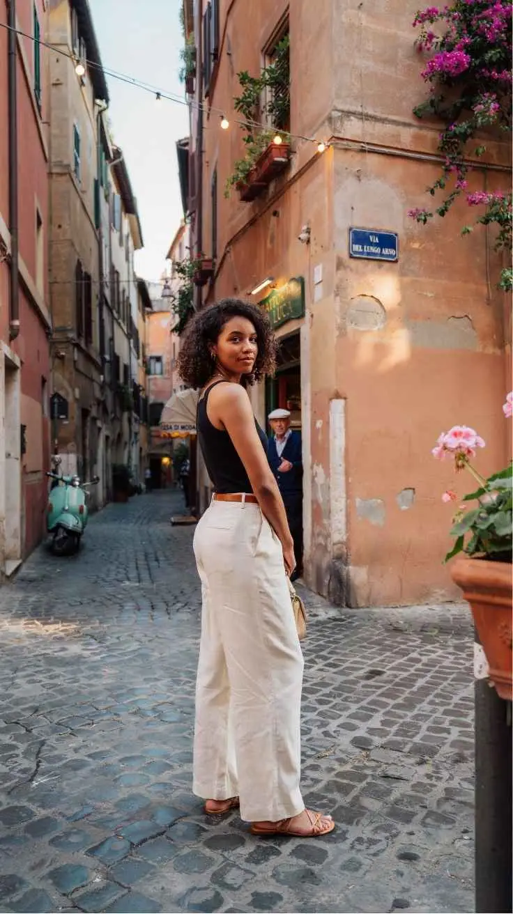 Woman in black tank top and cream wide leg trousers on cobblestone street Trastevere Rome evening