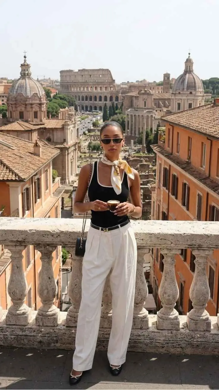 Black woman in black tank top white wide leg trousers and gold silk scarf on balcony overlooking Colosseum Rome