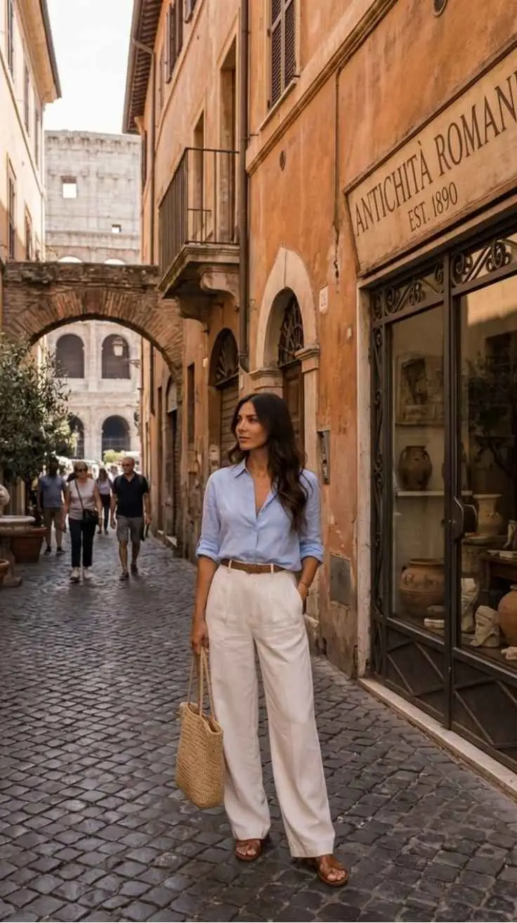 Woman in blue linen shirt and white wide leg trousers with raffia tote outside antique shop near Colosseum Rome