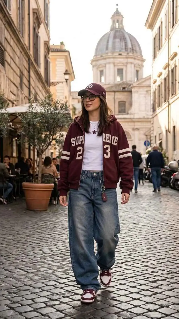 Asian woman in burgundy Supreme hoodie wide leg jeans and Jordan sneakers on Rome cobblestone street with dome