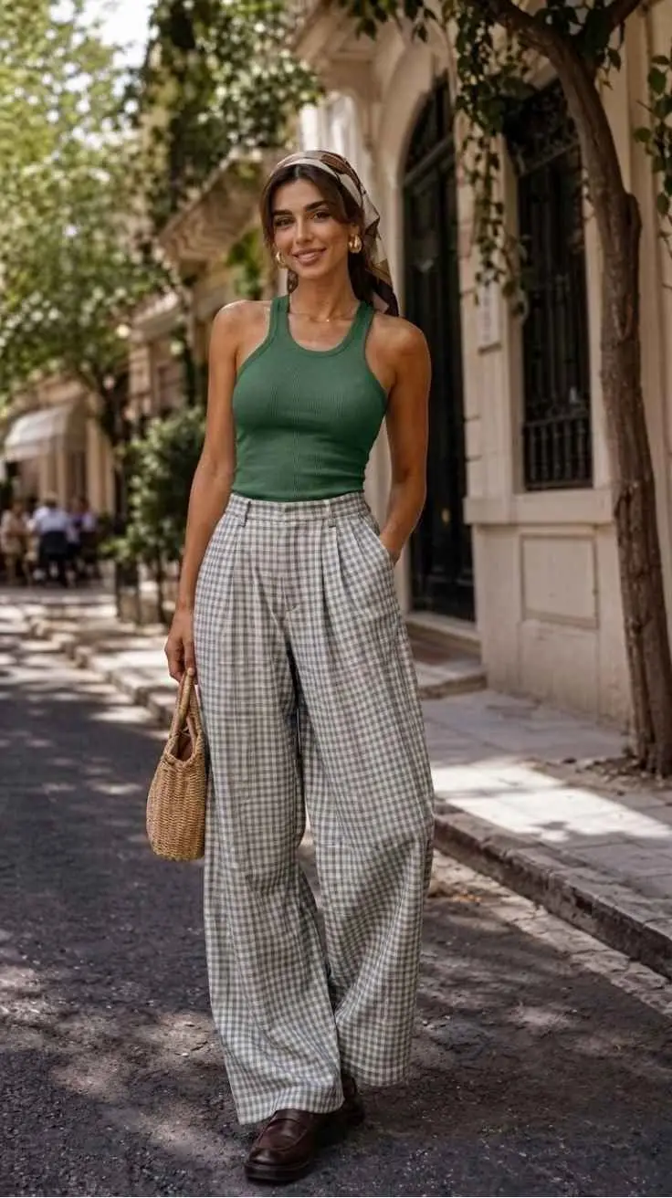 Woman in green ribbed tank and gingham wide leg trousers with headscarf and raffia bag Rome street