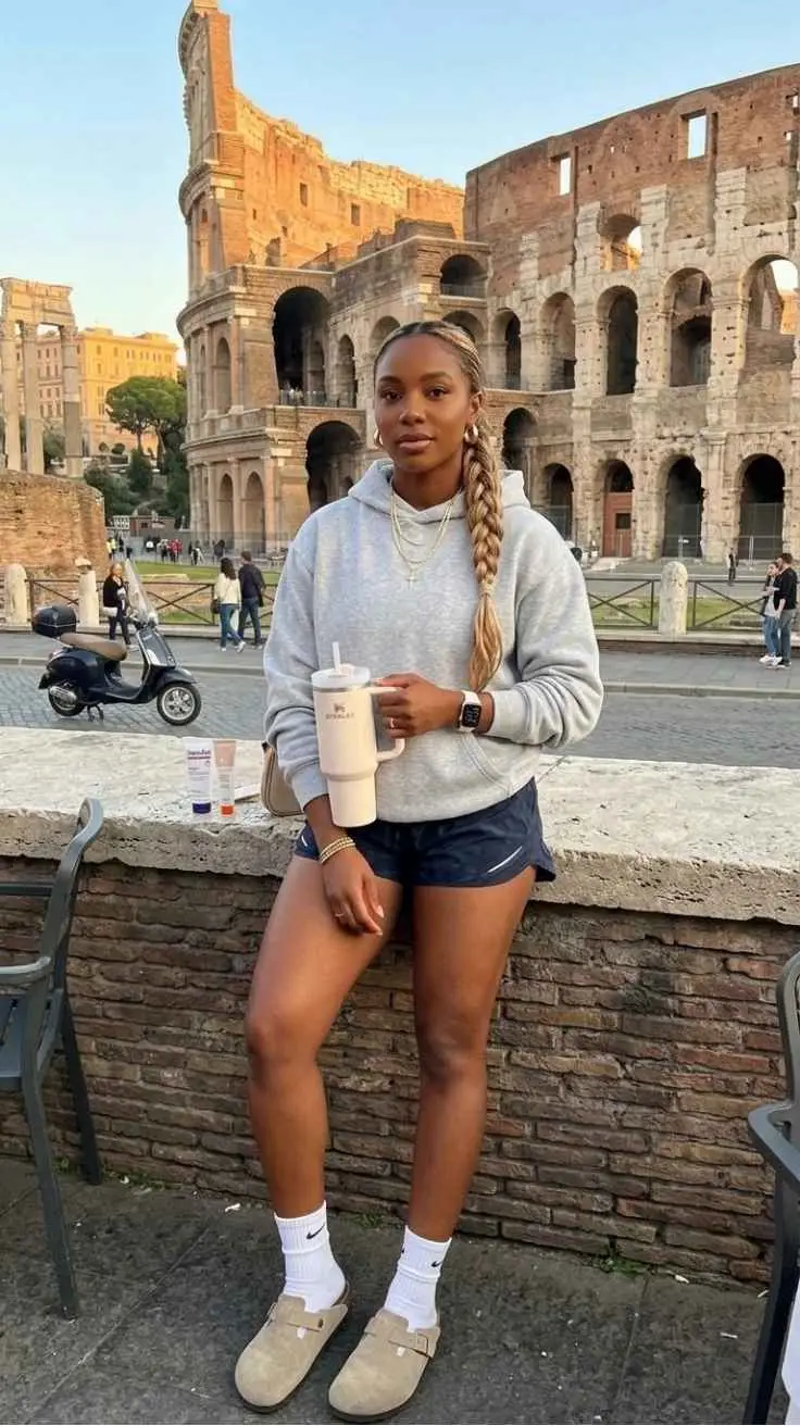 Black woman in grey hoodie navy shorts and Birkenstocks with Stanley cup at Colosseum Rome