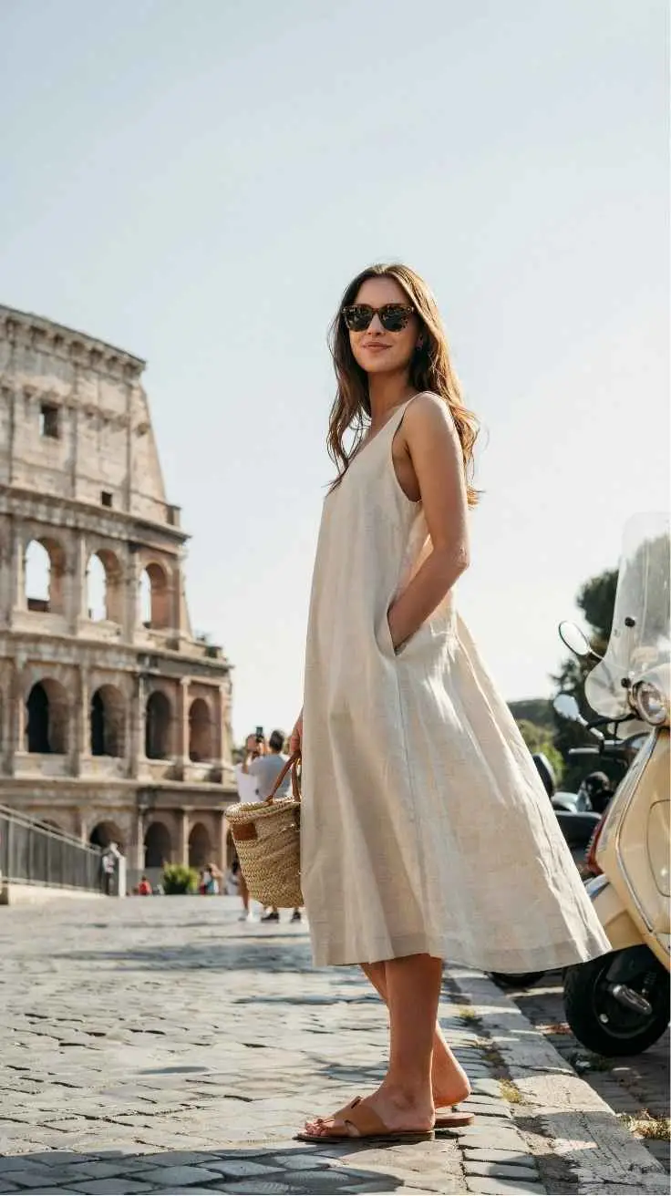Woman in cream linen midi dress with raffia basket bag at Colosseum Rome cruise port day