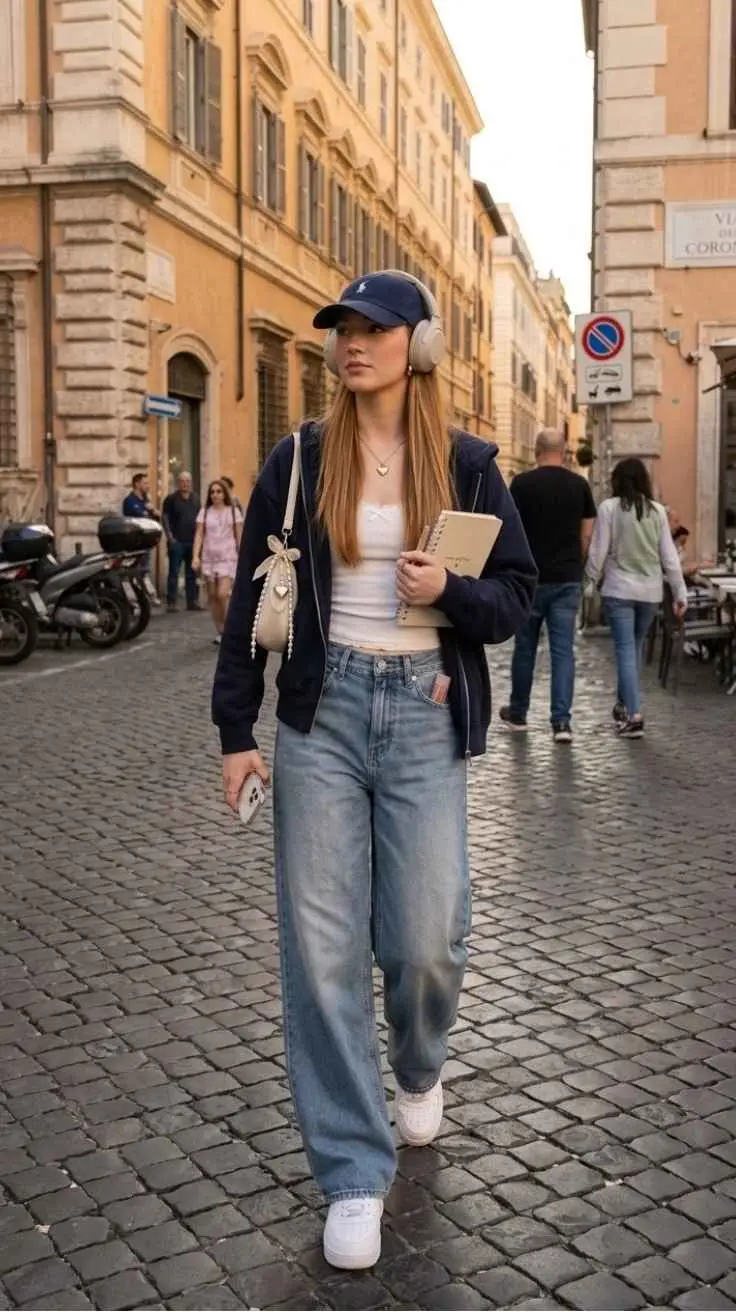 Woman in navy zip hoodie white crop tank and wide leg jeans with Ralph Lauren cap on Via dei Coronari Rome