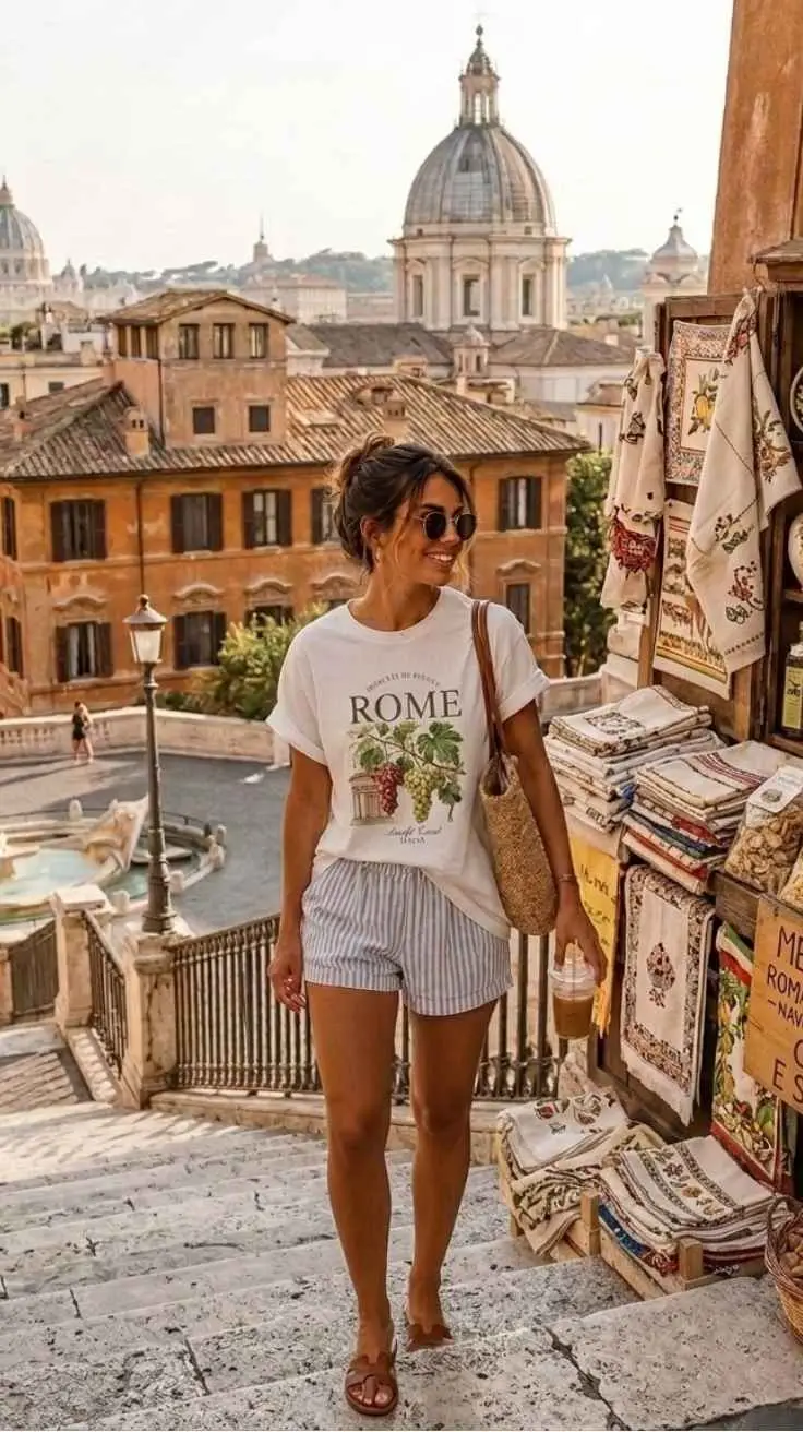 Woman in Rome graphic tee and stripe shorts with raffia bag at Spanish Steps market Rome