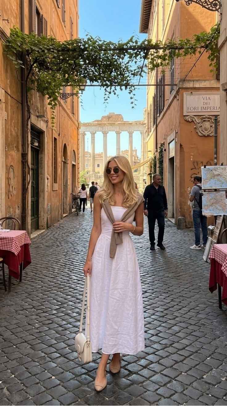 Blonde woman in white midi dress with beige cardigan draped on cobblestone street near Roman Forum