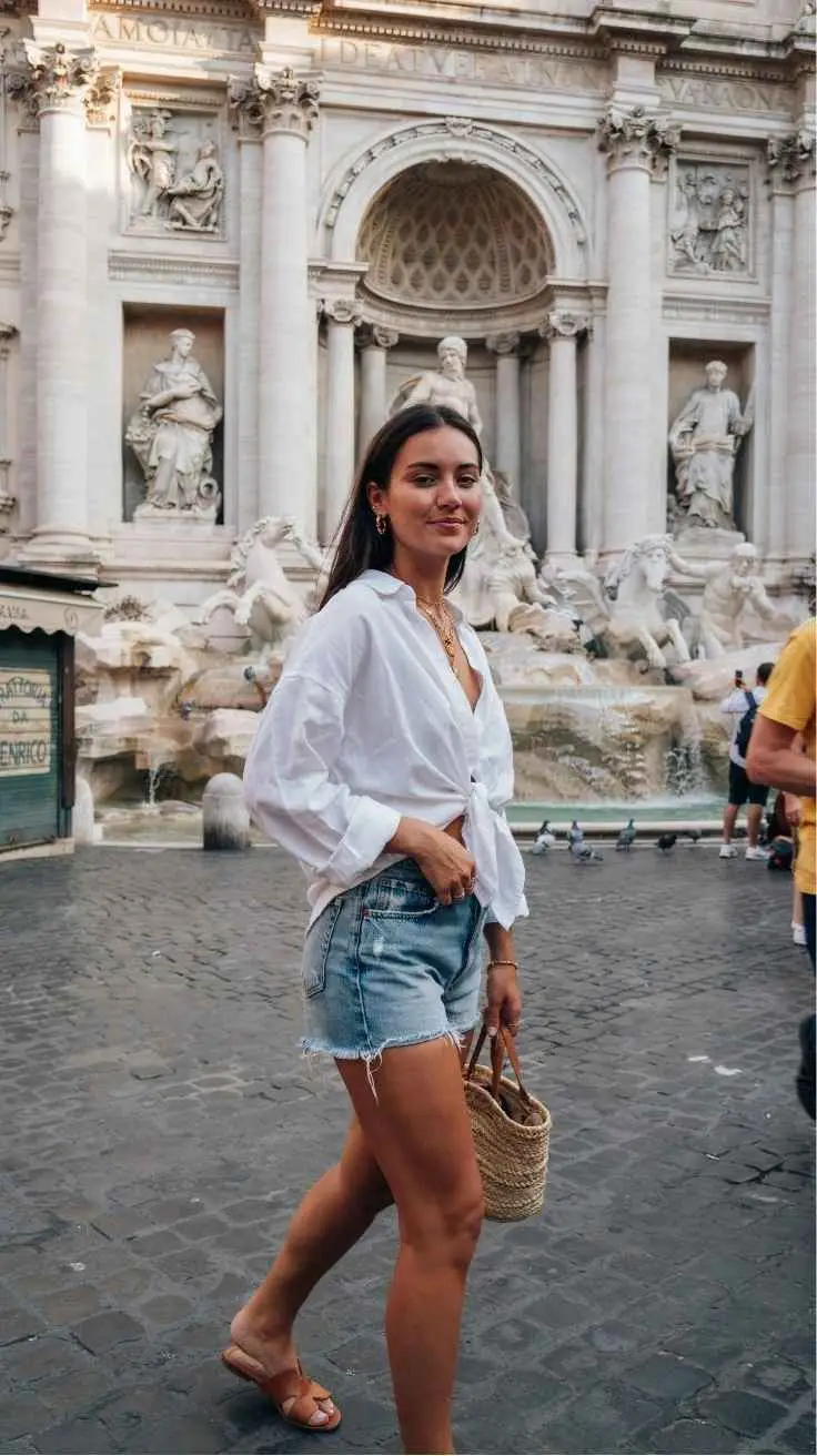 Woman in white tied oversized shirt and denim cutoff shorts with raffia bag at Trevi Fountain Rome