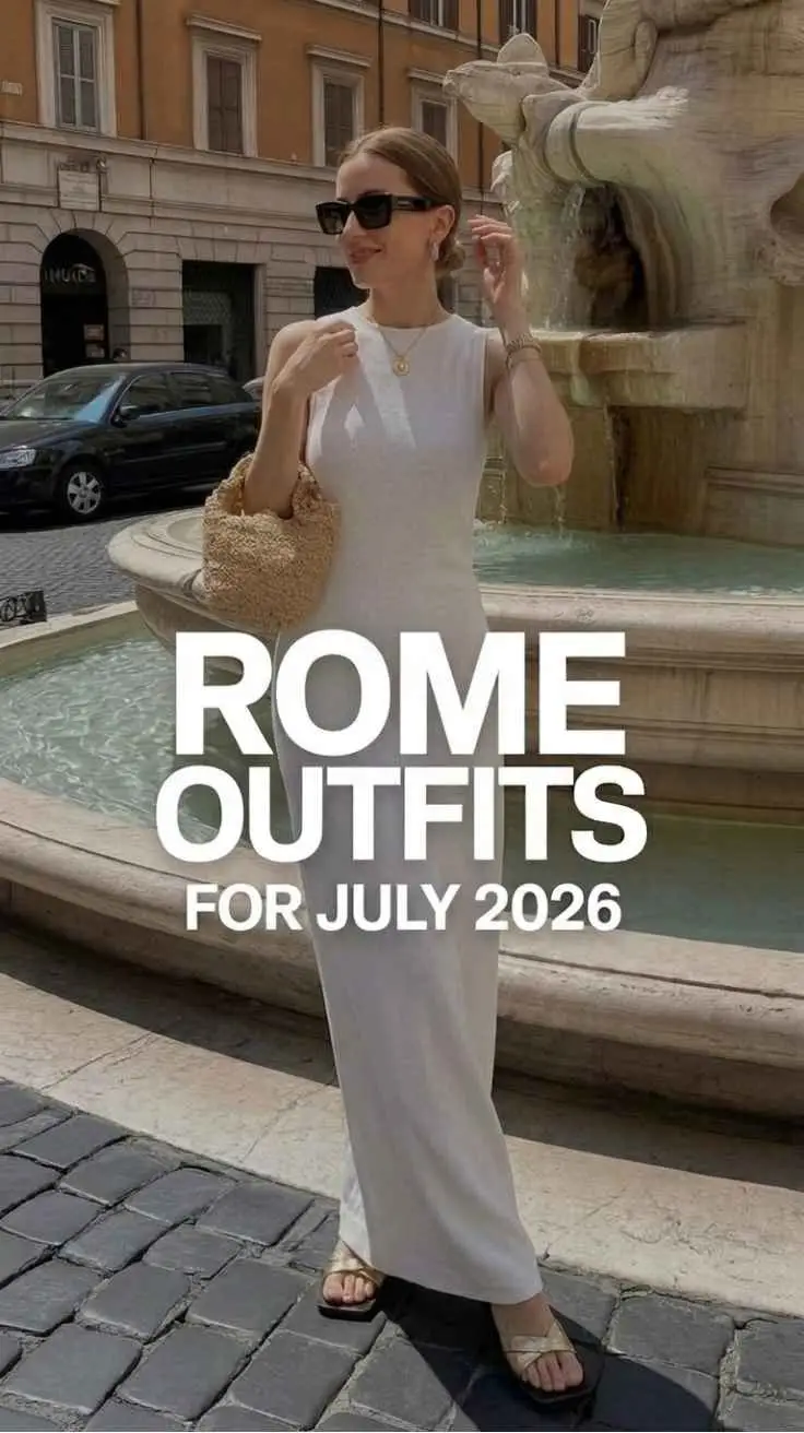 Woman in white maxi dress with raffia bag at Navona fountain Rome cruise port day outfit 2026