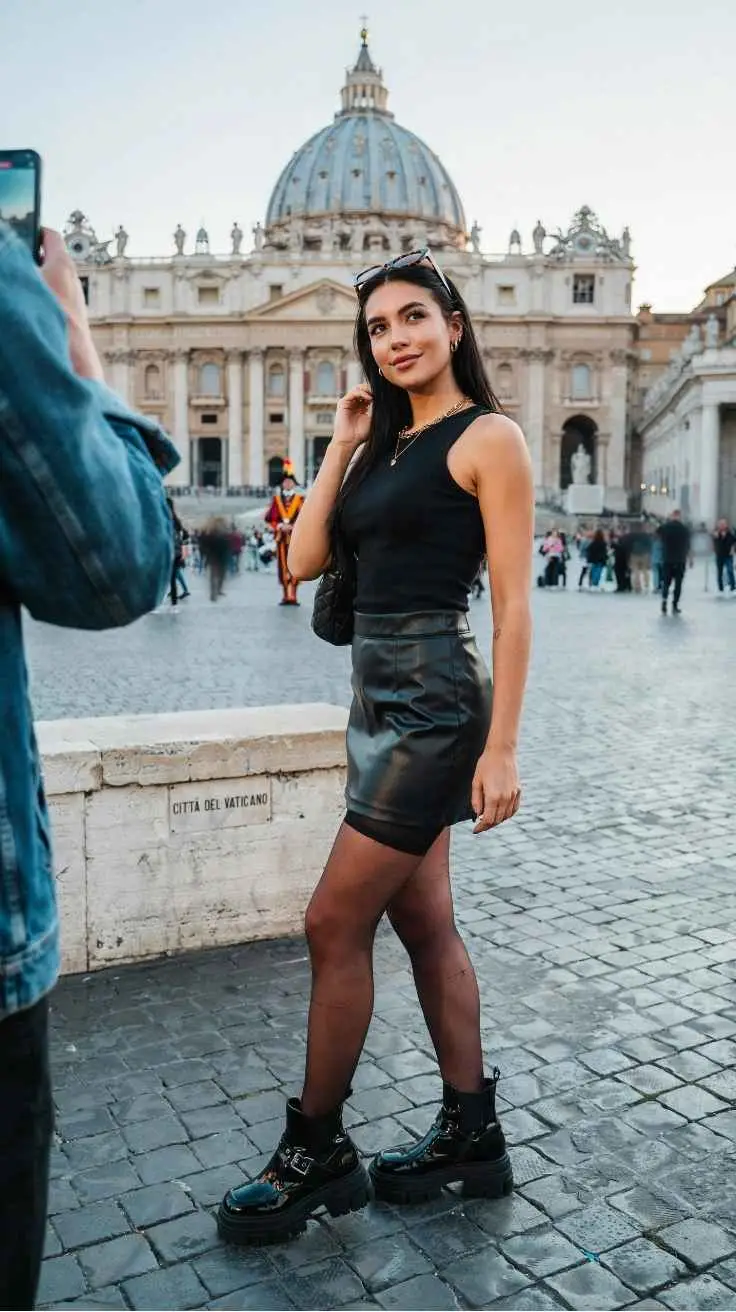 Woman in black tank top and leather mini skirt with platform boots outside Vatican