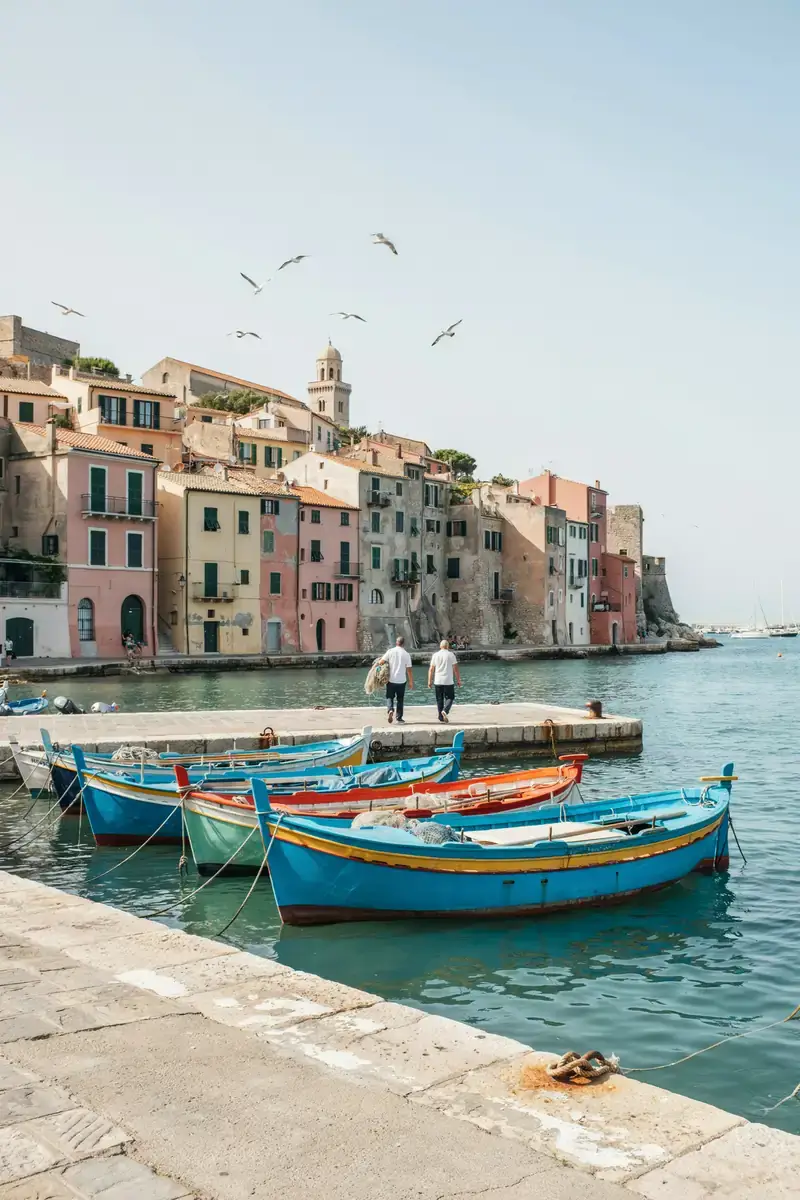 Alghero harbour lined with colourful fishing boats and the old town walls behind