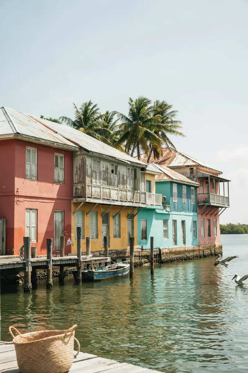Colourful waterfront buildings along the harbour in Belize City