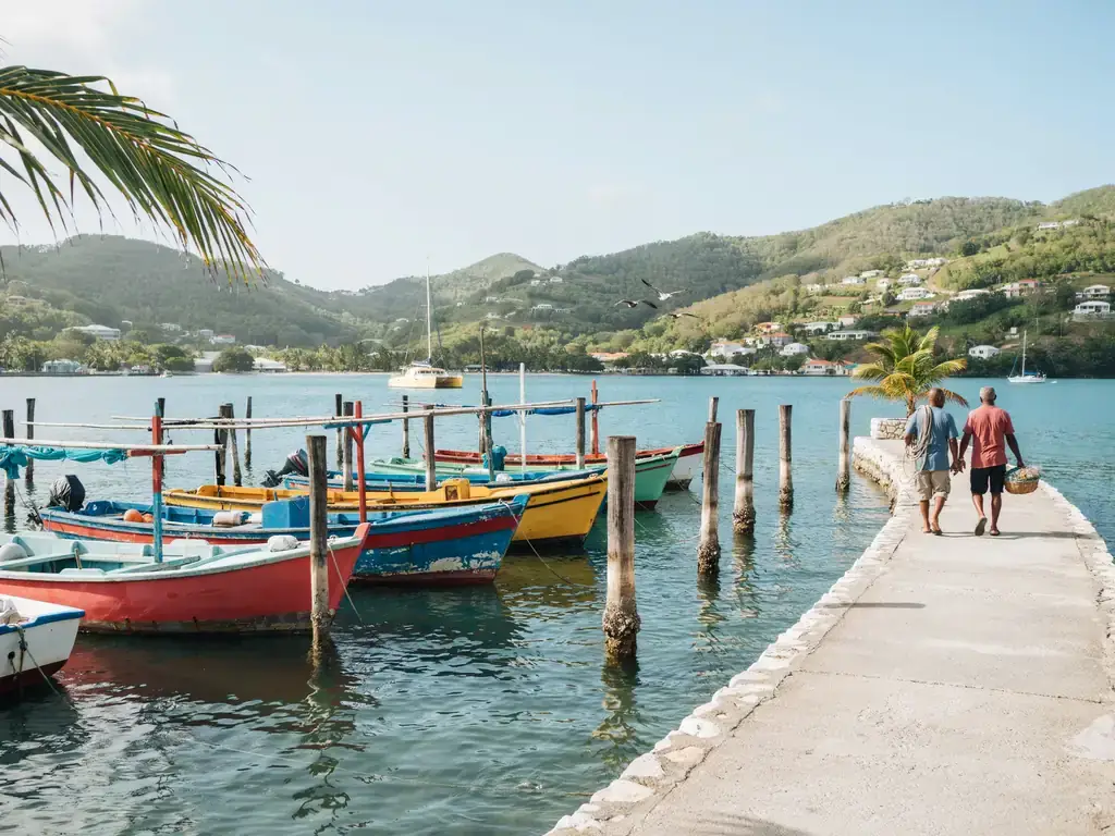 Waterfront path along Bequia harbour lined with colourful boats