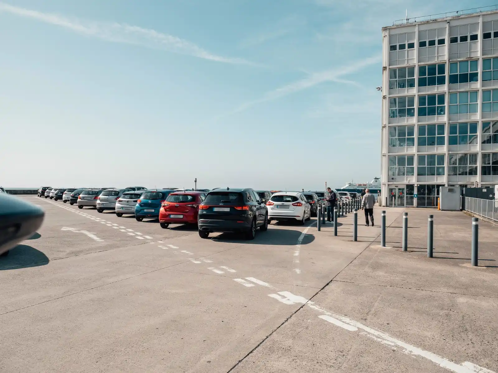 Cars queuing at the Rosyth port terminal entrance on a sunny morning