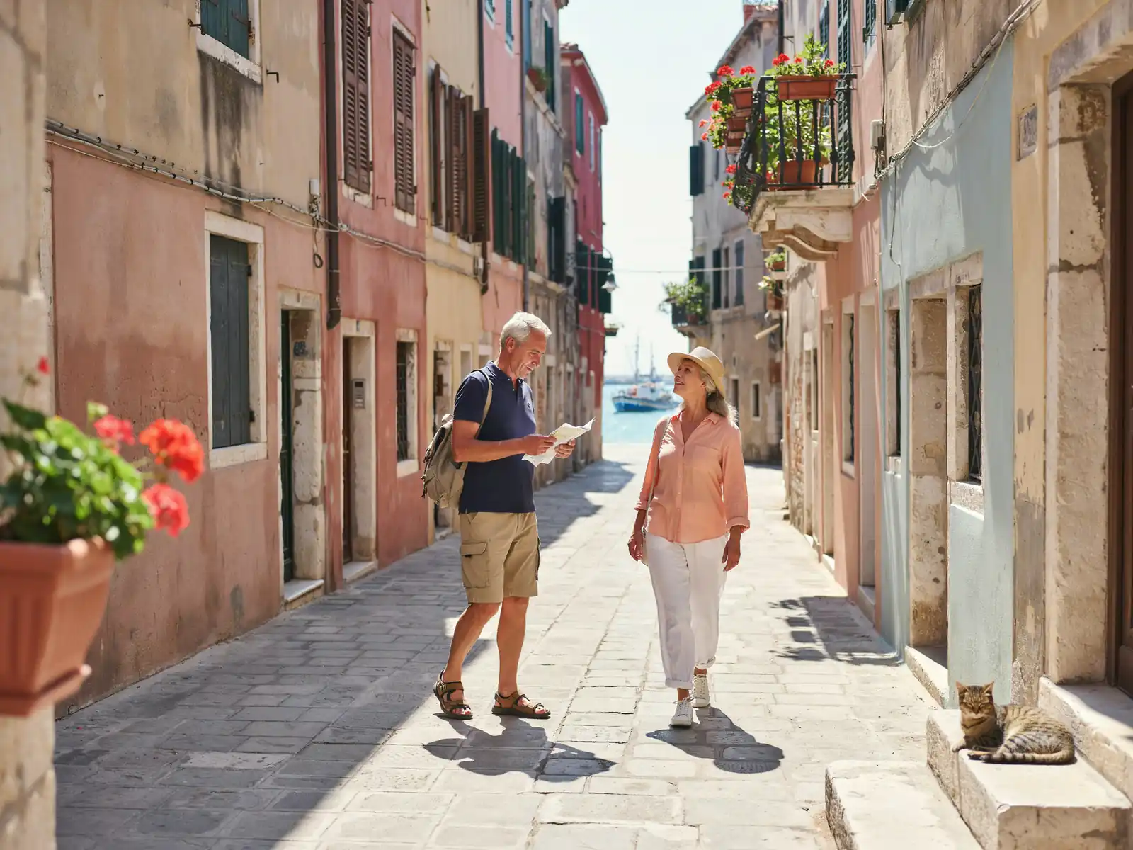 A small group of older tourists strolling past weathered stone walls in bright daylight