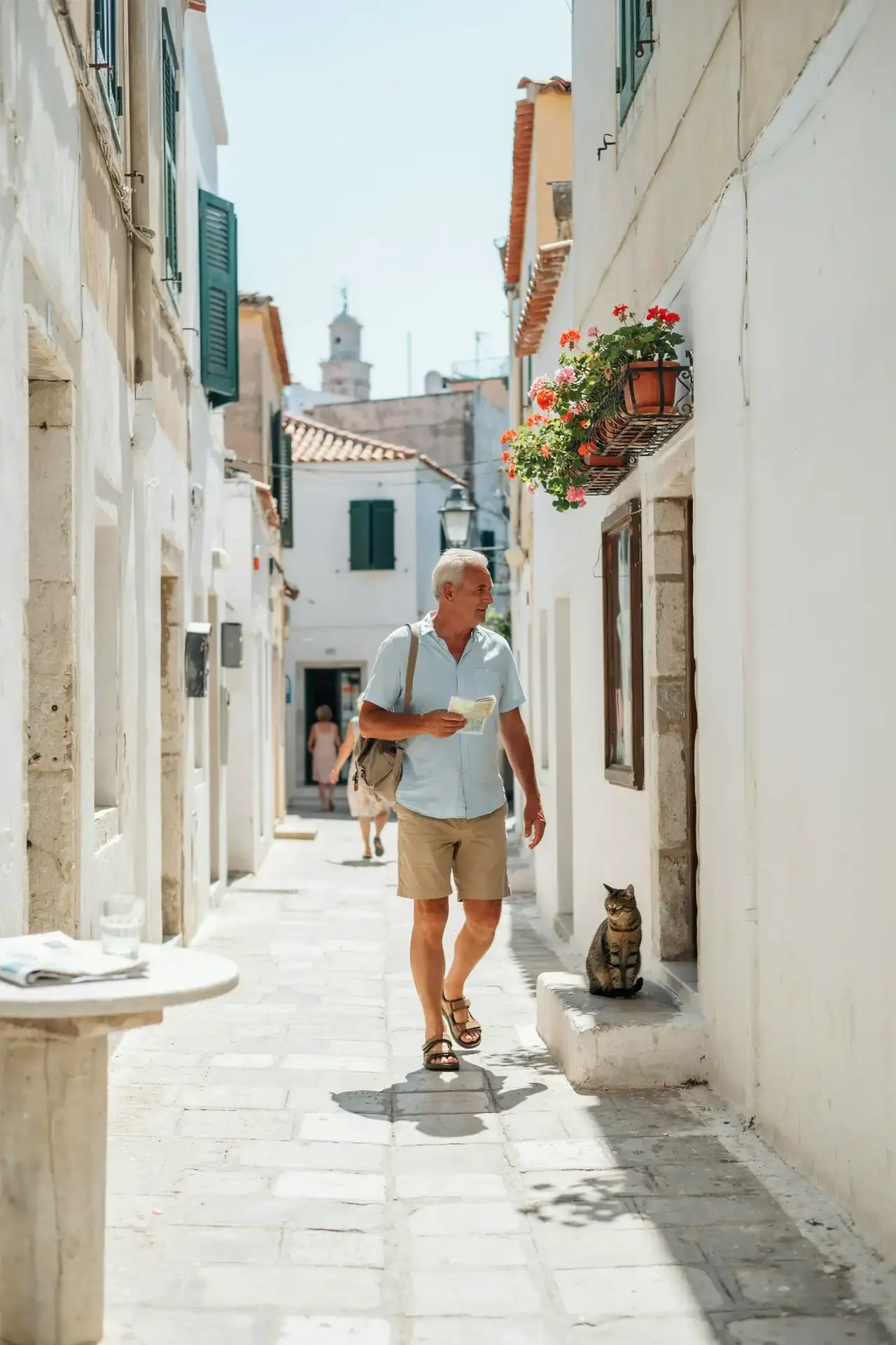 Older tourists walking together on a sunlit cobbled street lined with old stone buildings
