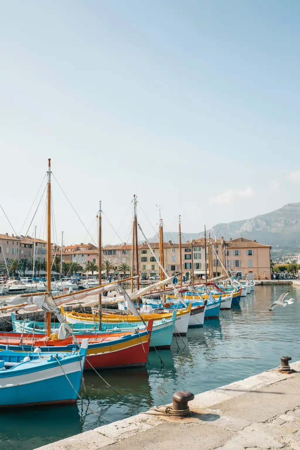 Colourful fishing boats moored in the harbour at Sanary-sur-Mer