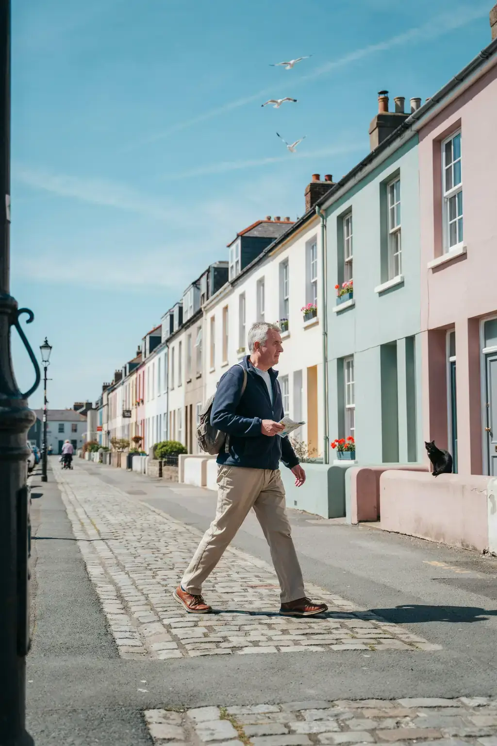 A group of older tourists walking together on a sunny day, casually dressed