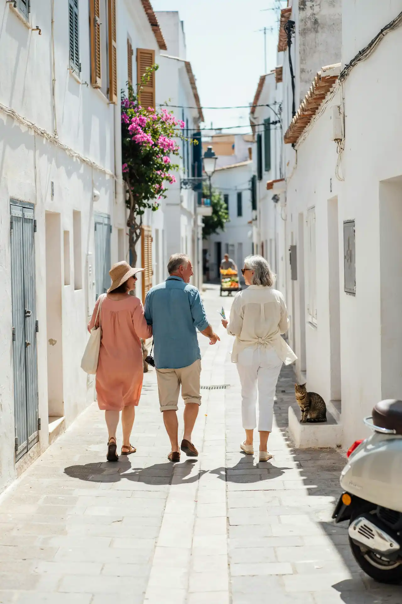 A group of older tourists walking together on a sunlit street