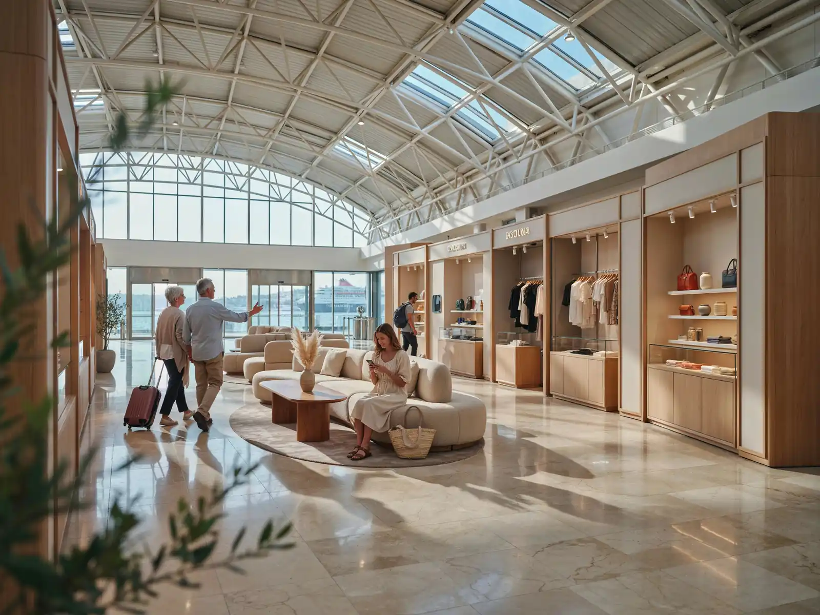 Interior of a modern cruise terminal in Istanbul with seating areas and shops
