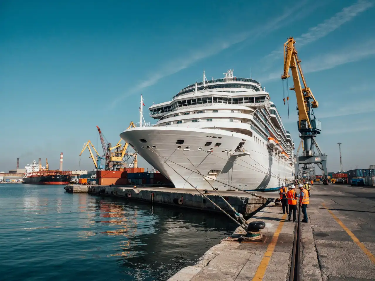 A large cruise ship docked at a busy shipyard on a sunny day
