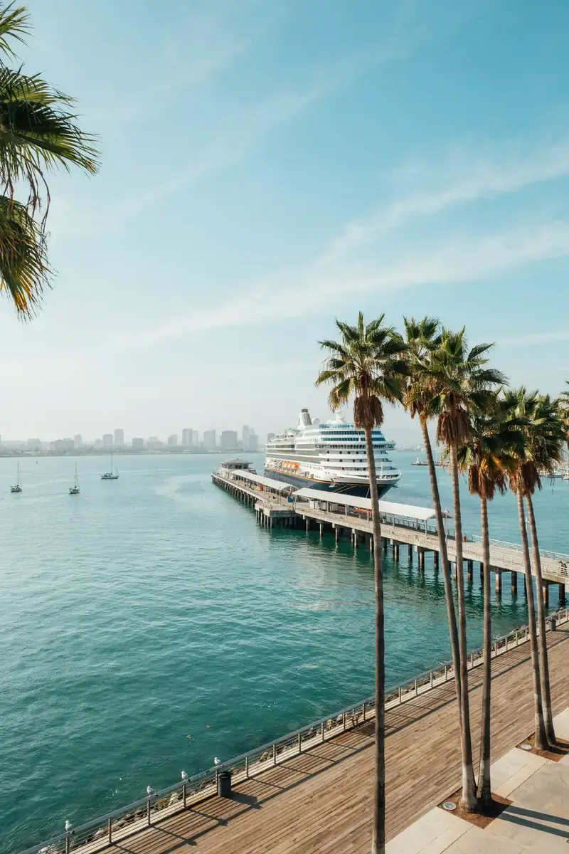 Waterfront view of Long Beach, California with a cruise pier and palm trees along the harbour