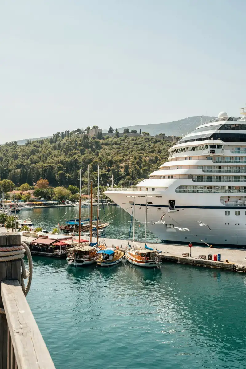 Cruise ship docked at Marmaris harbour on a sunny day