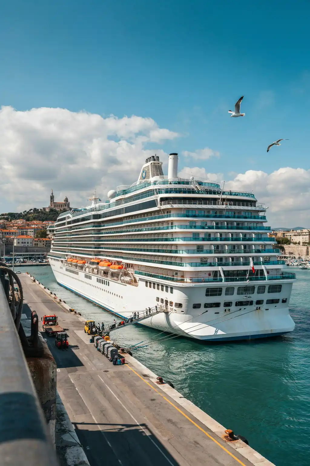 Cruise ship docked at Marseille port terminal with harbour and transport visible