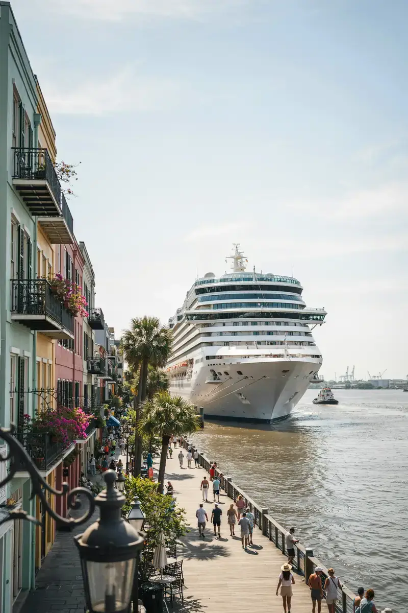 Riverside view of the New Orleans French Quarter with the cruise port along the Mississippi River on a sunny day