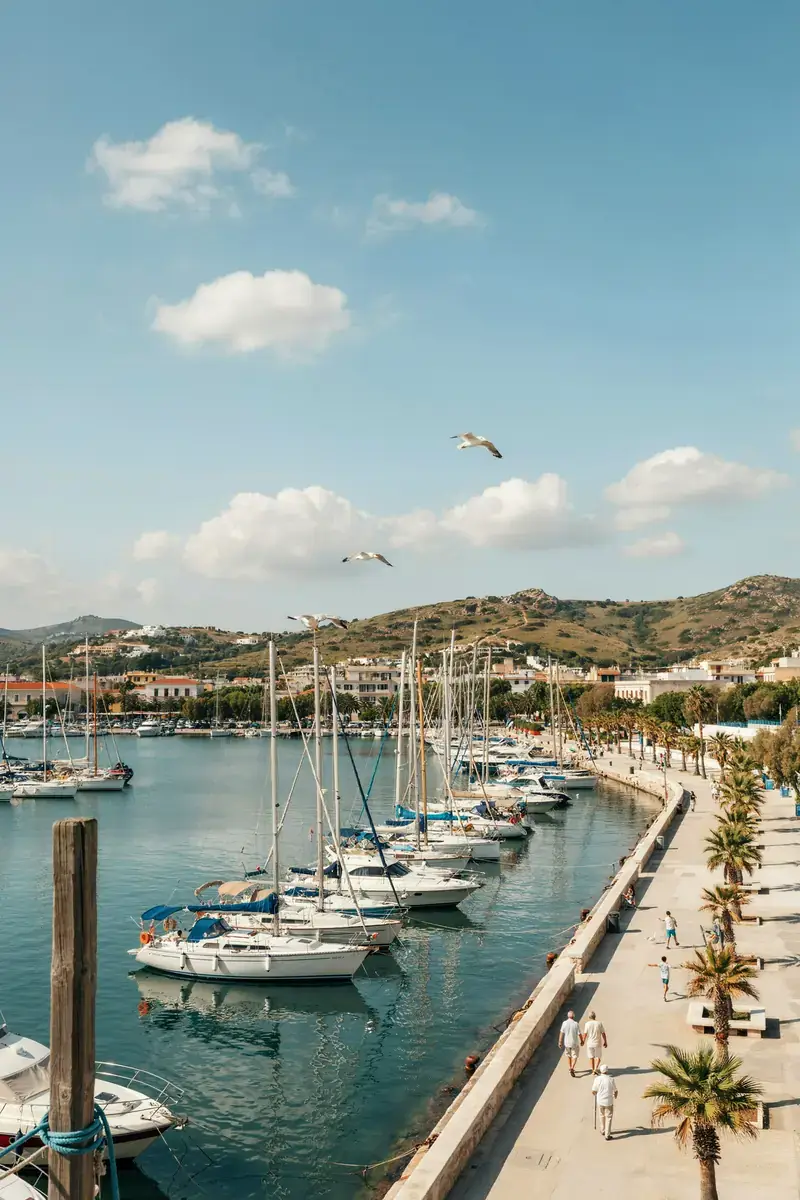 Olbia harbour lined with boats along a sunny coastal promenade