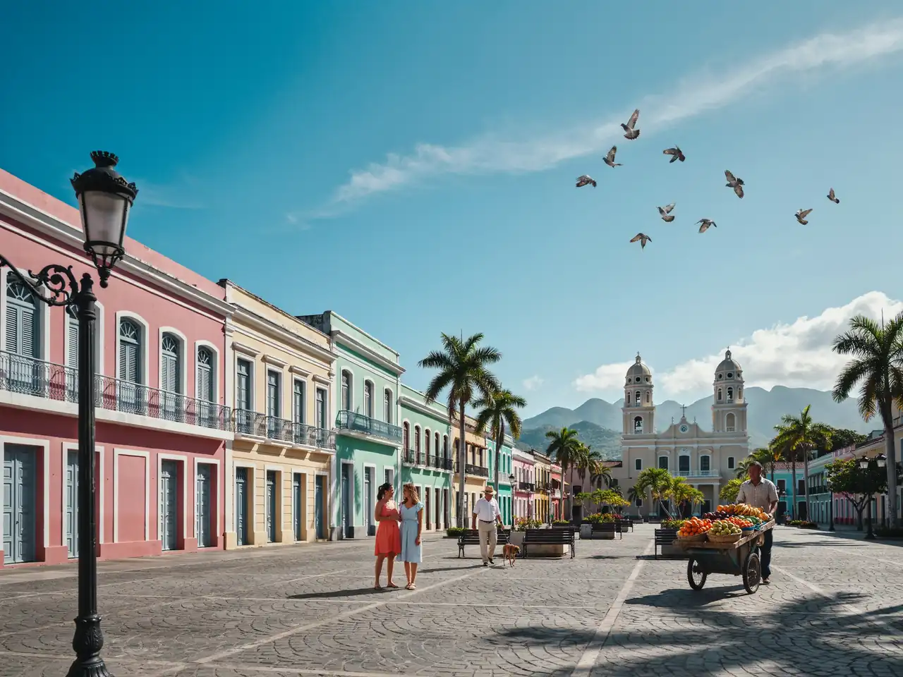 Colourful colonial buildings surrounding a plaza in Ponce, Puerto Rico