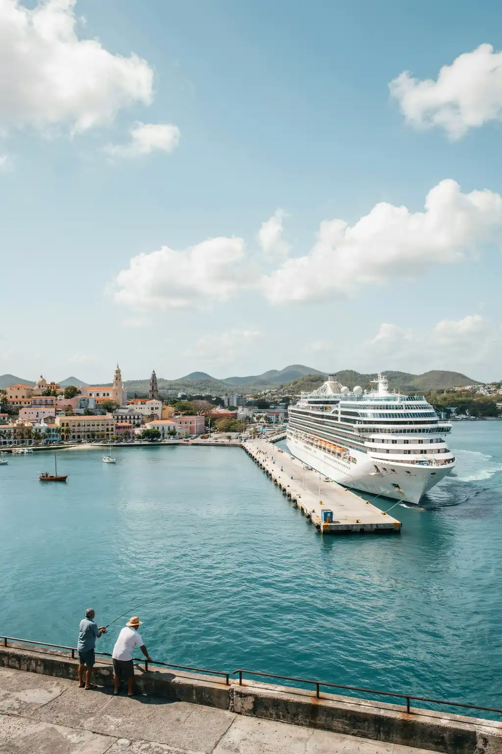 Waterfront harbour in Ponce, Puerto Rico with a cruise pier on a sunny day