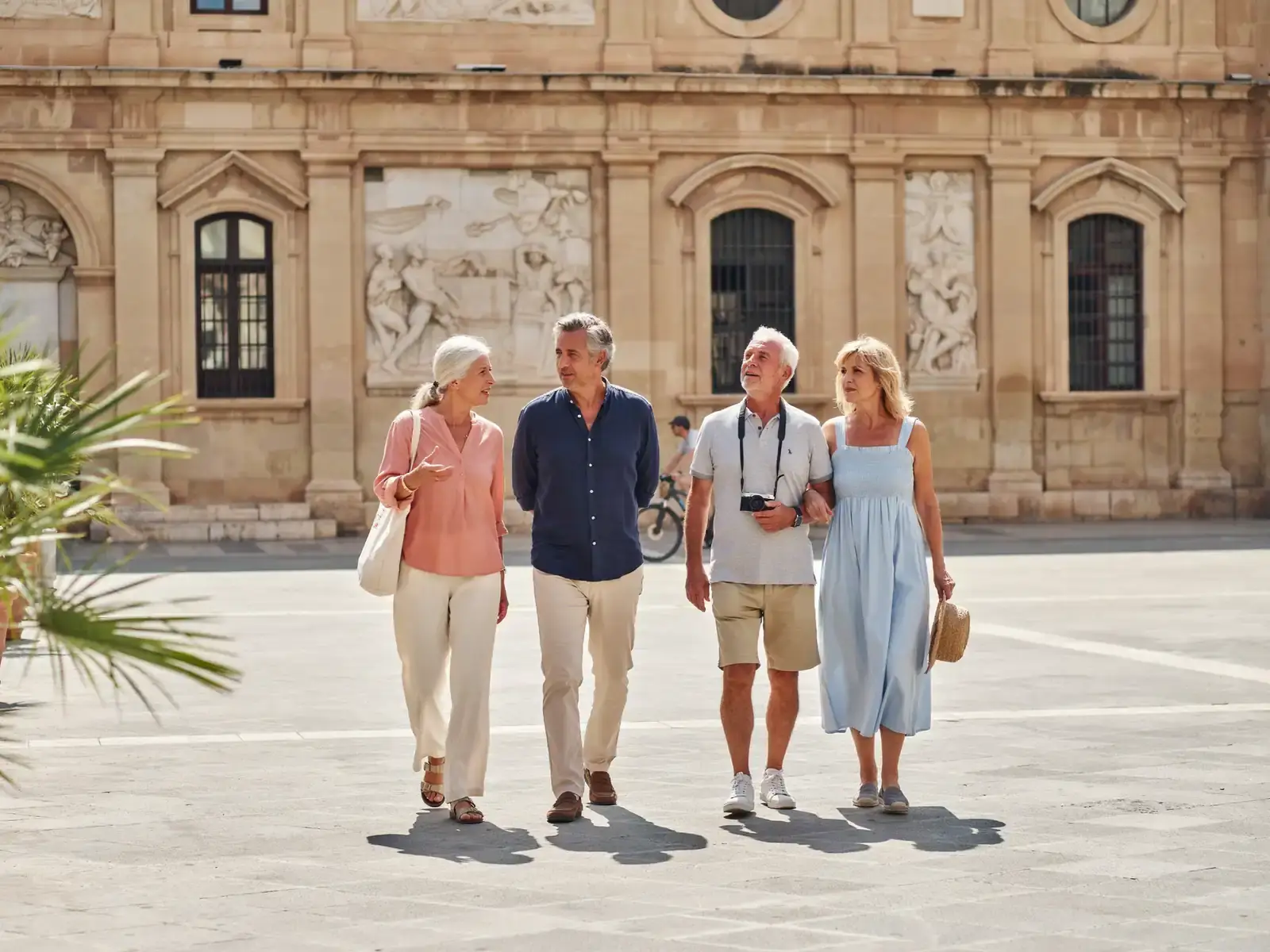 Two older tourists strolling side by side in bright daylight, both in casual summer clothing