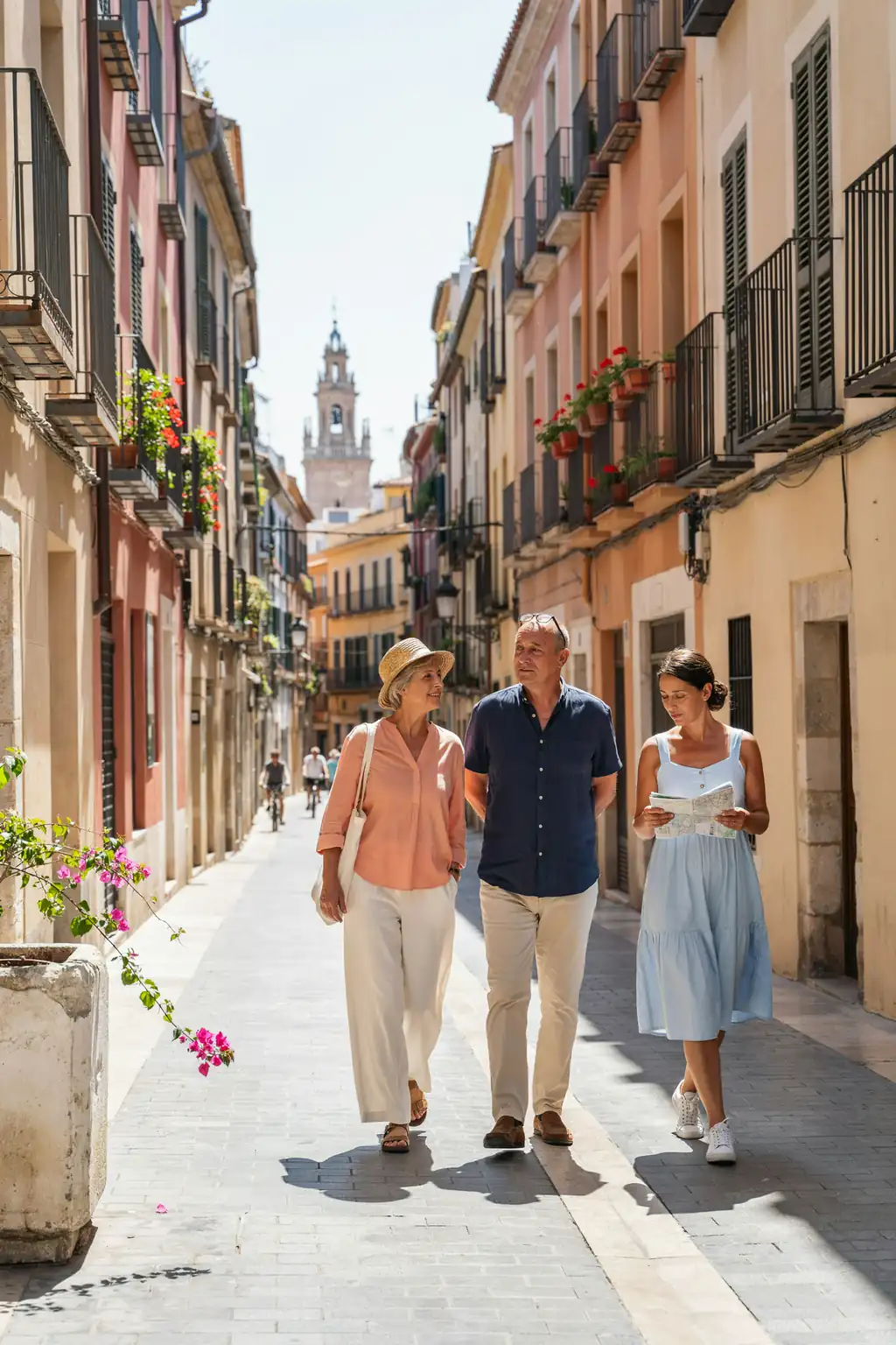 A group of older tourists walking together on a sunlit pavement, casually dressed