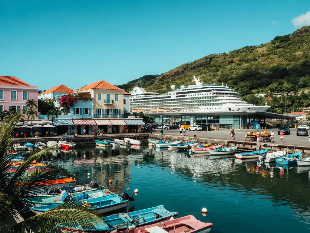 Harbourfront cruise port terminal with shops and marina at Basseterre, Saint Kitts