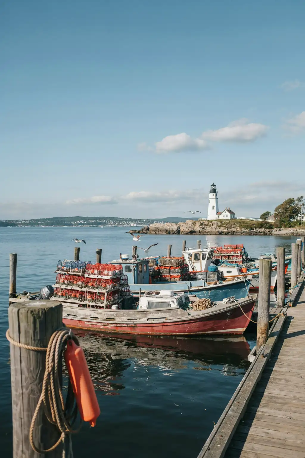 Harbour in Portland, Maine with lobster boats and a lighthouse in the distance on a sunny day