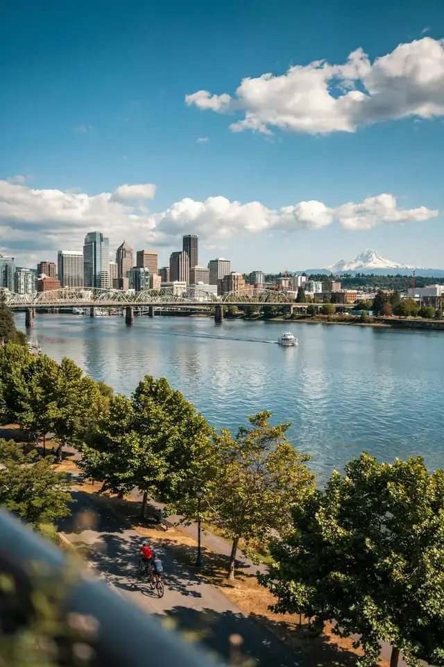 Portland waterfront skyline with river and bridges on a sunny day