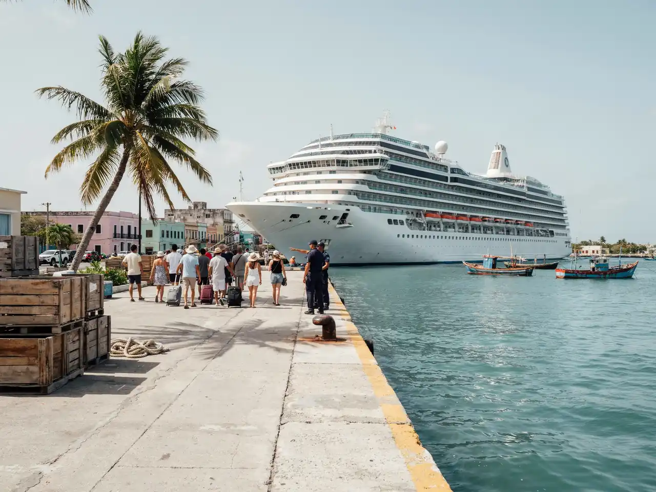 Cruise ship terminal pier at Progreso with passengers walking towards shore