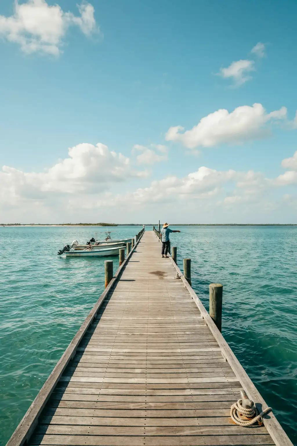 Long pier extending over turquoise waters at Progreso, Mexico on a sunny day