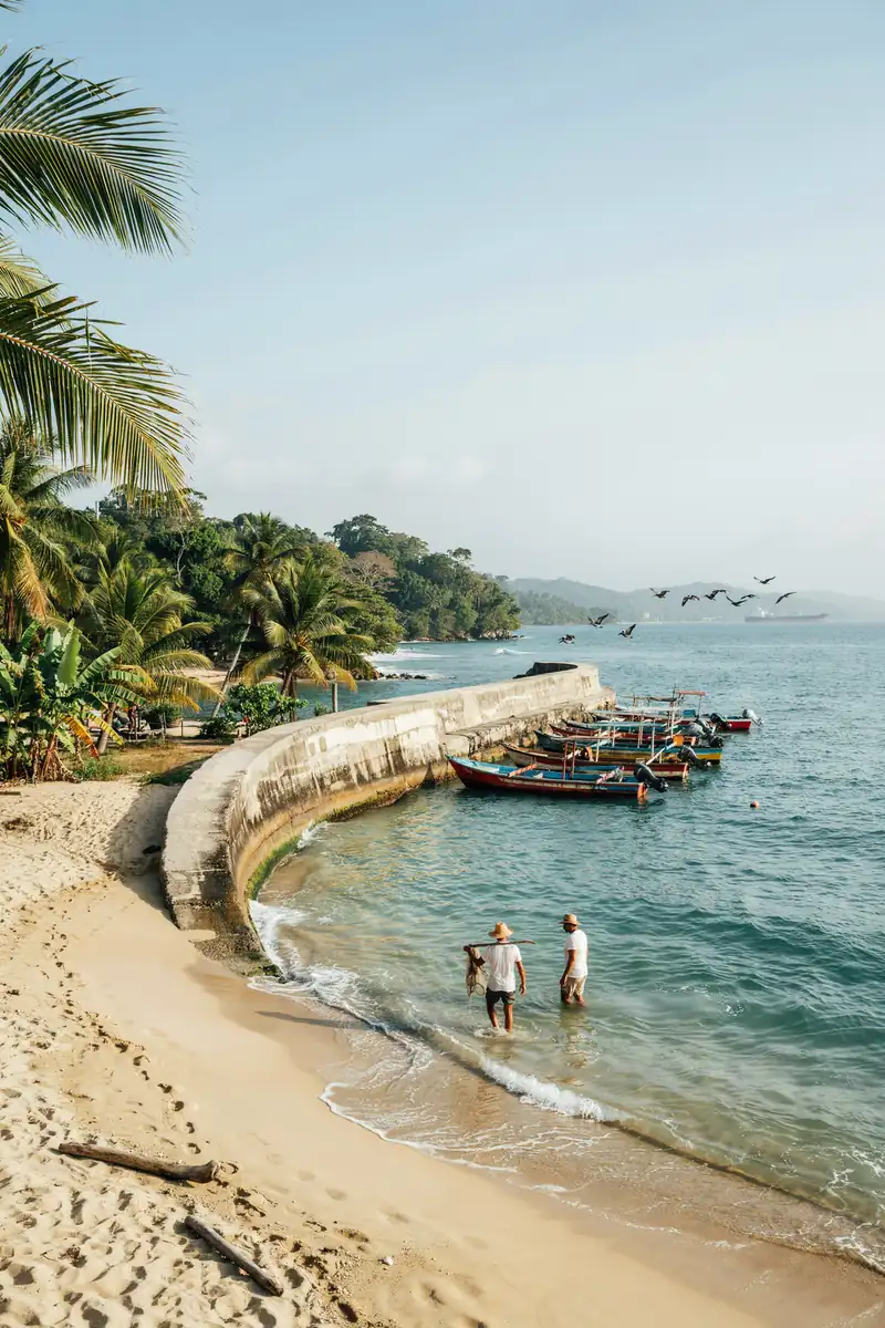 Tropical harbour coastline at Puerto Limón, Costa Rica, under a sunny sky