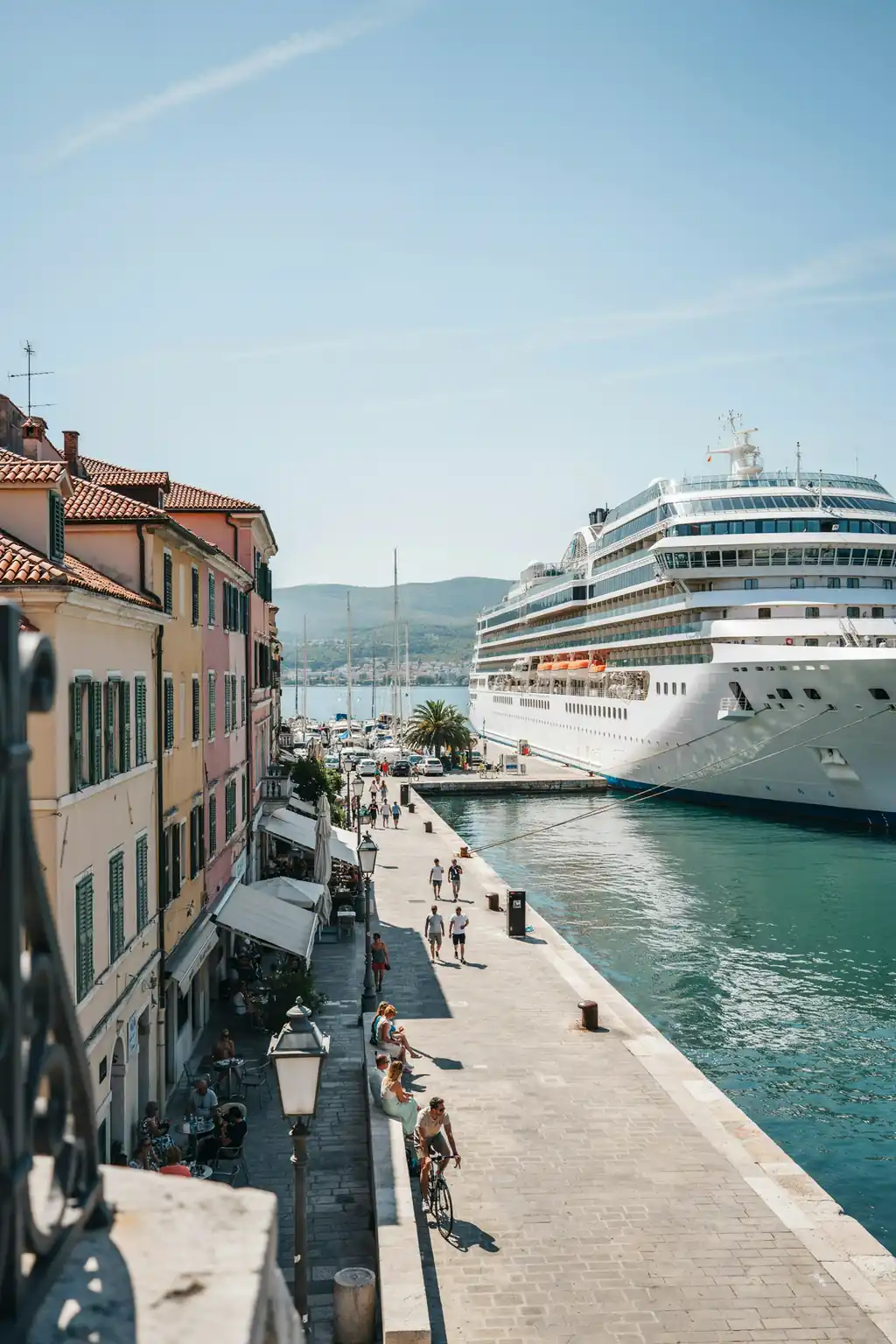Cruise ship docked at Rijeka's waterfront harbour on a sunny day
