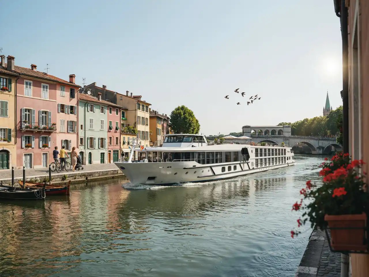 A river cruise ship sailing past a riverside European town on a sunny day