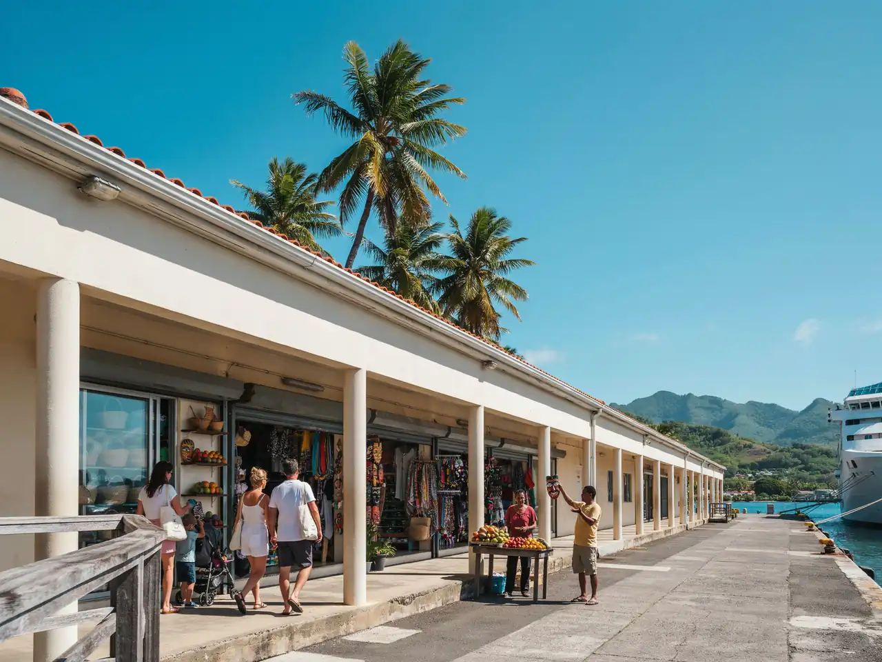 Cruise terminal building with shops and walkways in Roseau, Dominica