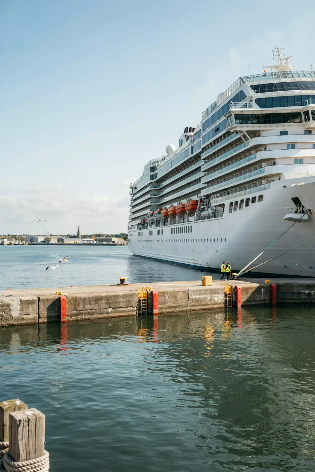 Cruise ship docked at Rosyth port terminal on a sunny day