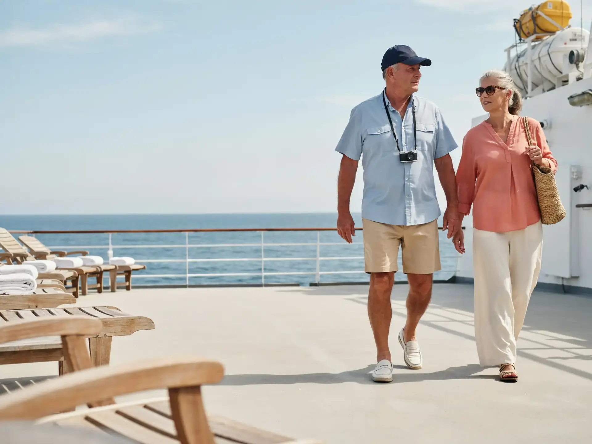 Two older tourists strolling along a sunny outdoor deck railing