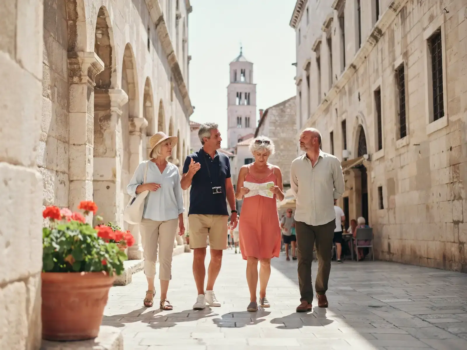 Older tourists strolling past pale stone walls and archways in warm sunshine