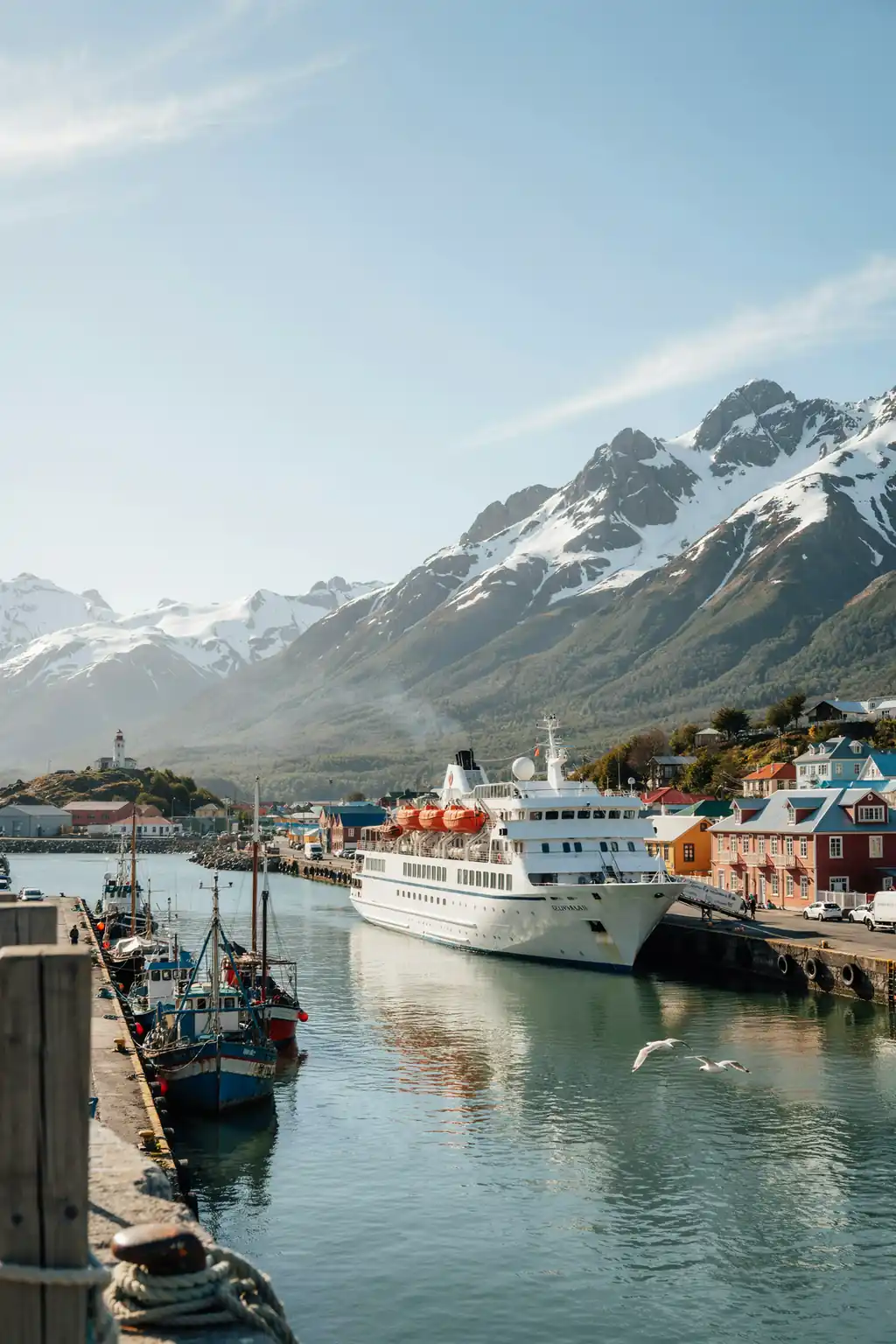 Harbour view of Ushuaia, Argentina, with mountains and dock